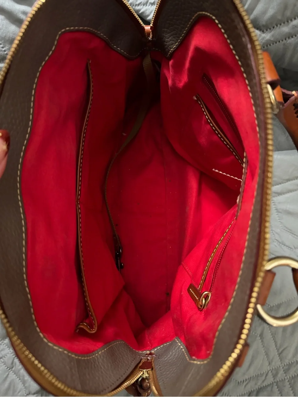 Dooney & Bourke Taupe Pebbled Leather Satchel with Brown Trim